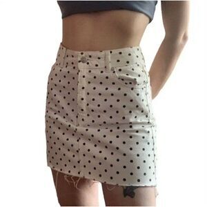 Topshop High Waisted Black & White Polka Dot Denim A-line Raw Hem Mini Skirt 4